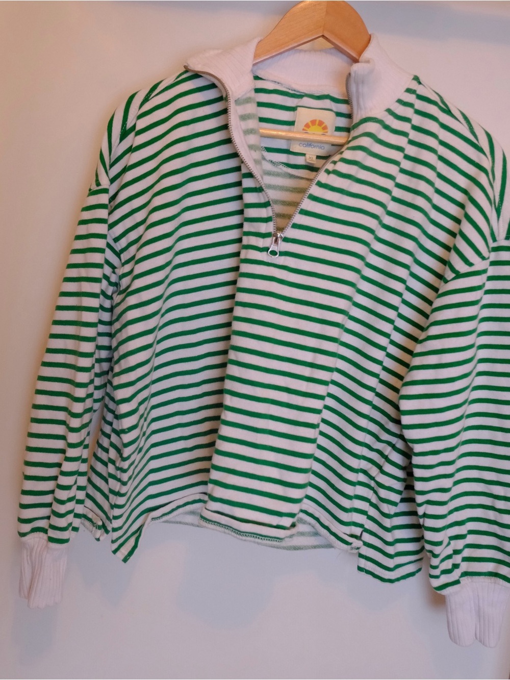 C&C California XL Women’s Green & White Striped Half-Zip Crop Pullover